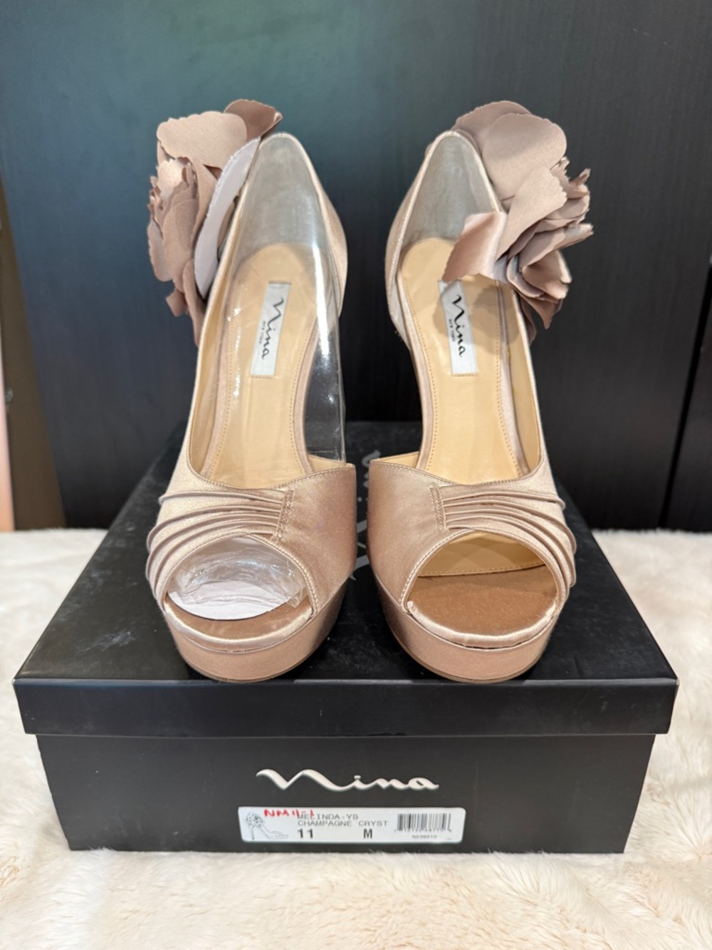 Nina Satin Open-Toe Platform Heels with Side Floral Detail in Champagne